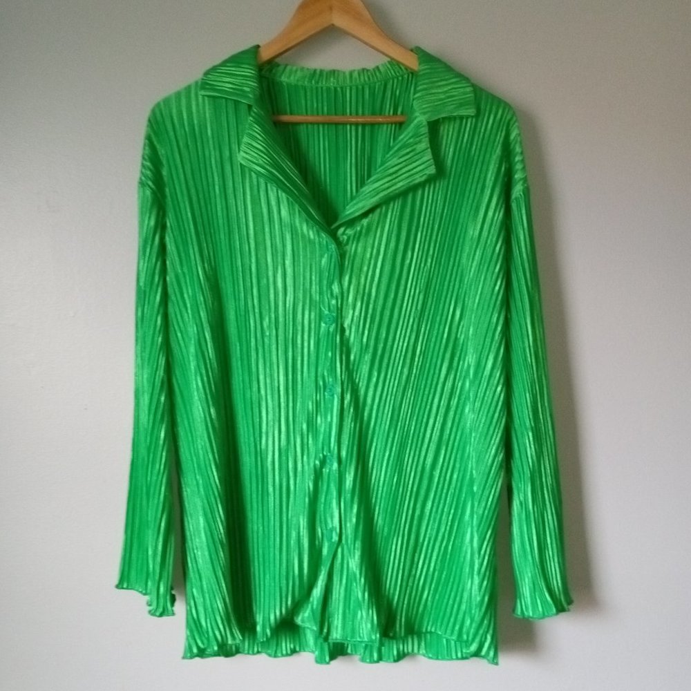 New Green Boho Style Short Sleeve Button Up Blouse